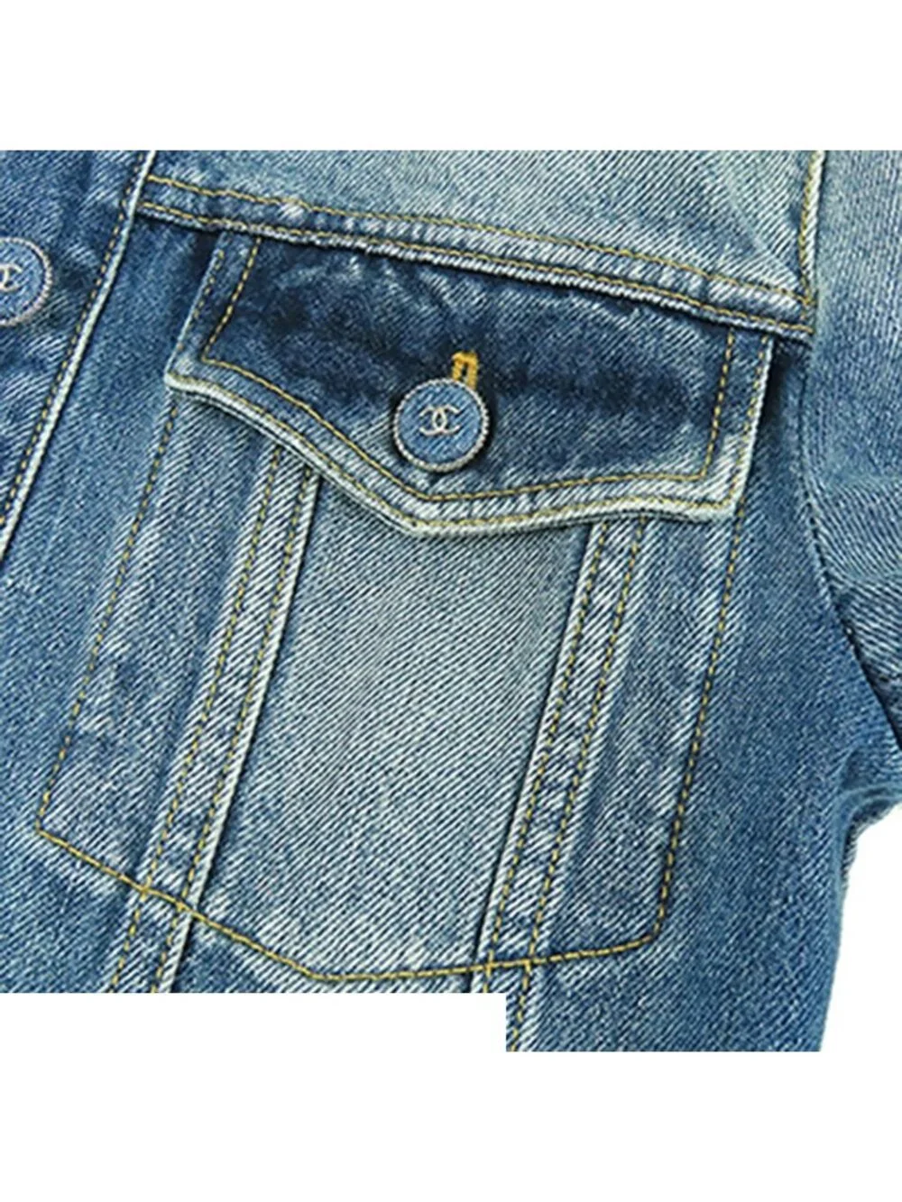 Chanel Collarless Jacket Blue Cotton Coco Button Denim 34
